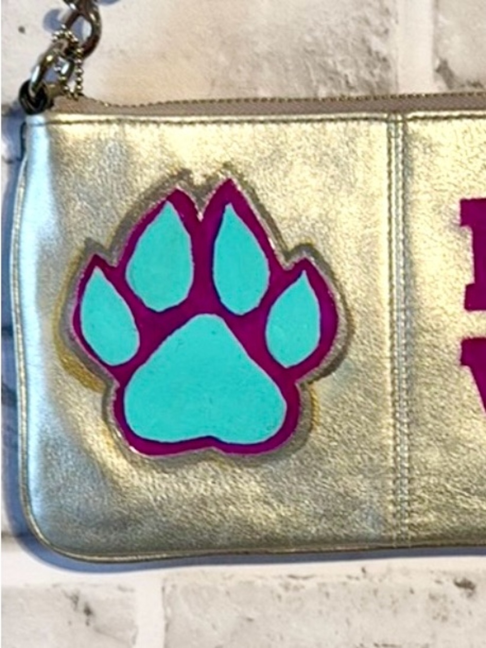 Coach Silver Wristlet Clutch Custom Hand Painted Paw Print LOVE Dog Lover Gift - Picture 3 of 6